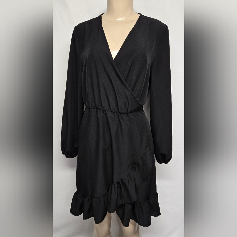 Unbranded M Black Wrap Around Belted Dress Lightweight Ruffled Bottom Edge